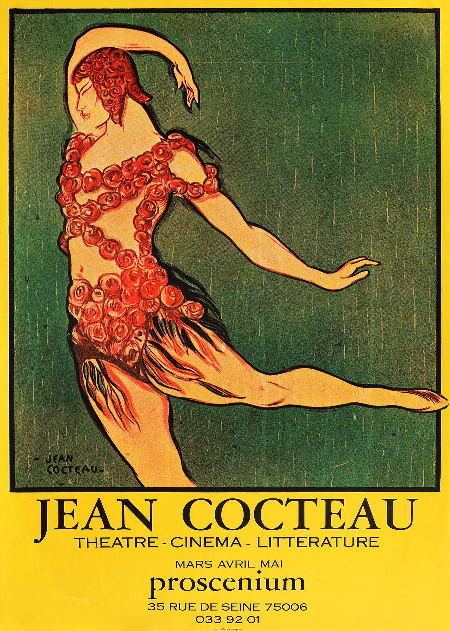 Vintage French poster designed by Jean Cocteau featuring a dramatically posed dancer in red roses against a textured green background. Art Deco style.