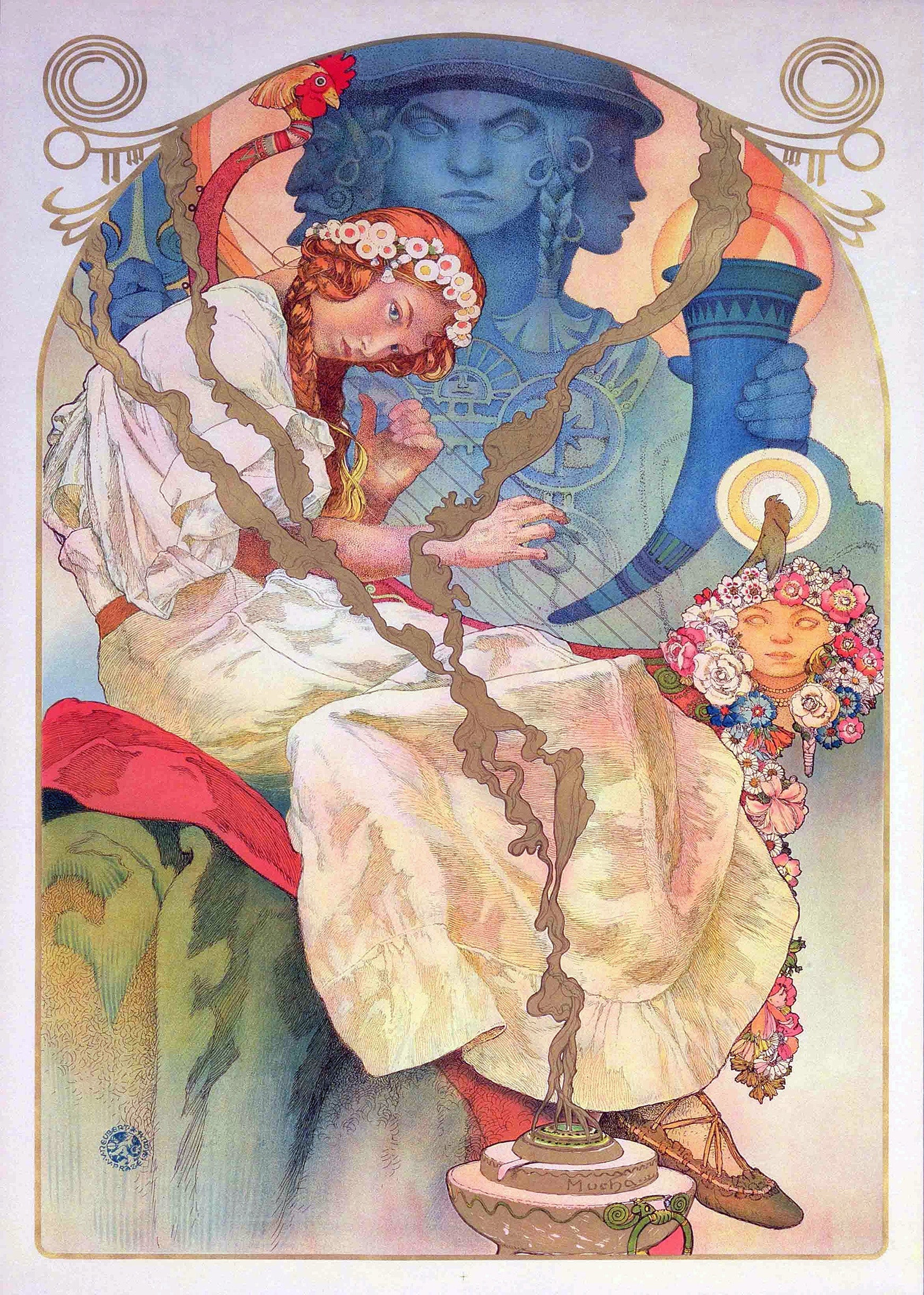 Alphonse Mucha's highly symbolic Art Nouveau painting depicting a red-headed maiden with a flower wreath sitting before a blue, three-faced deity.