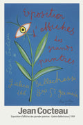 Vibrant blue 1959 Jean Cocteau exhibition poster featuring an abstract eye and flower motif, with handwritten French text advertising a painting exhibit.