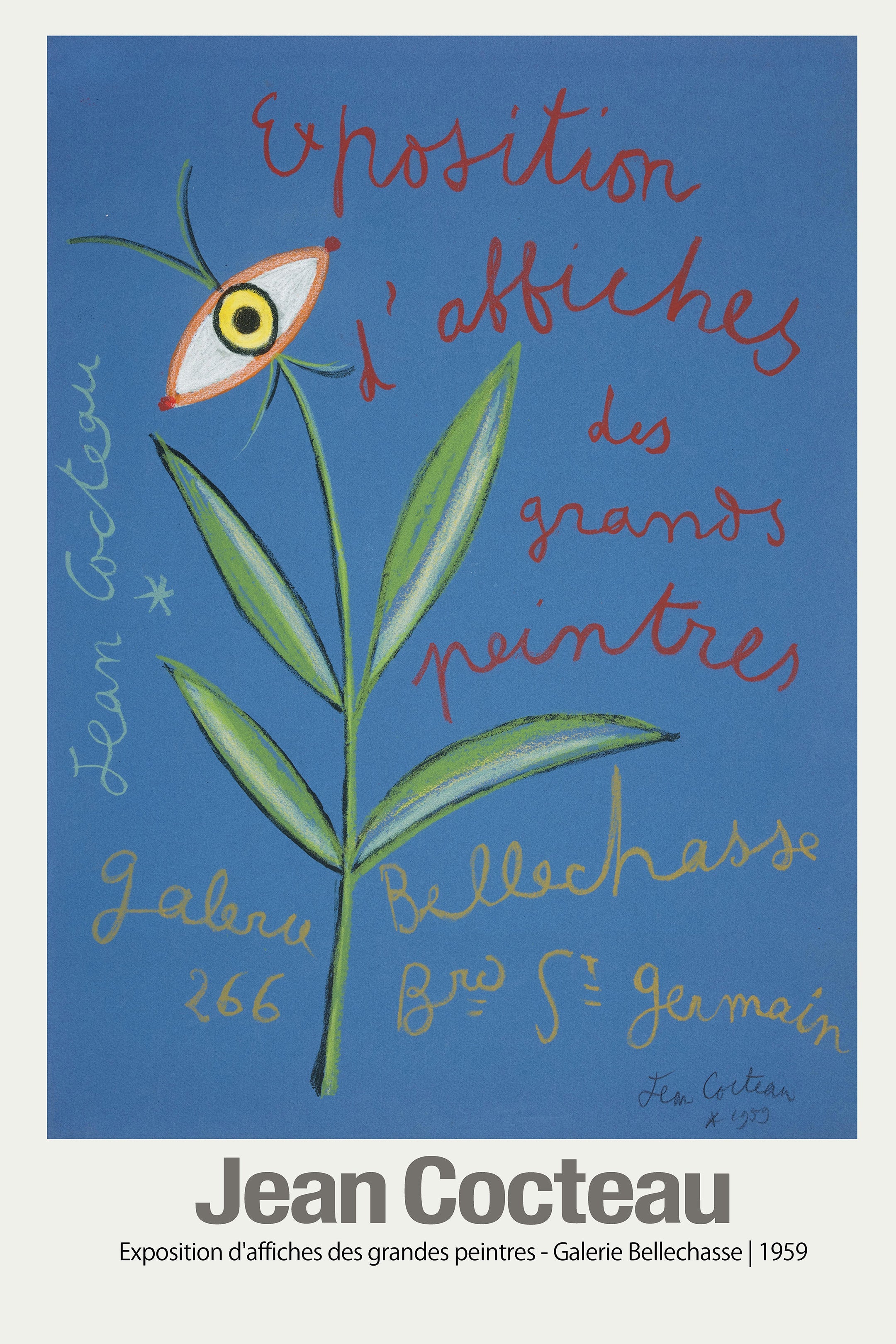 Vibrant blue 1959 Jean Cocteau exhibition poster featuring an abstract eye and flower motif, with handwritten French text advertising a painting exhibit.