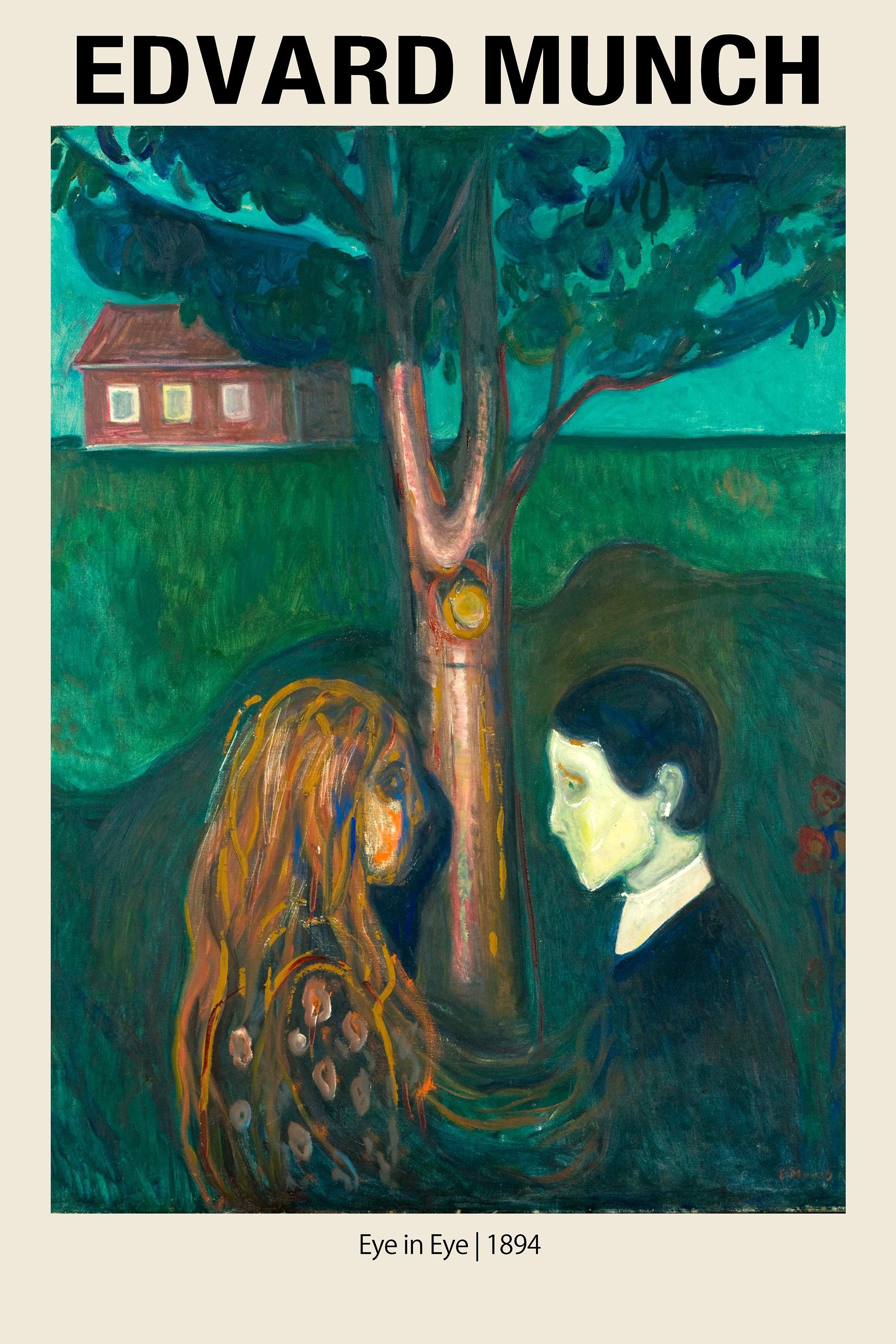 Edvard Munch's 1894 painting, "Eye in Eye," showing two figures illuminated under a tree with a red house in the background.