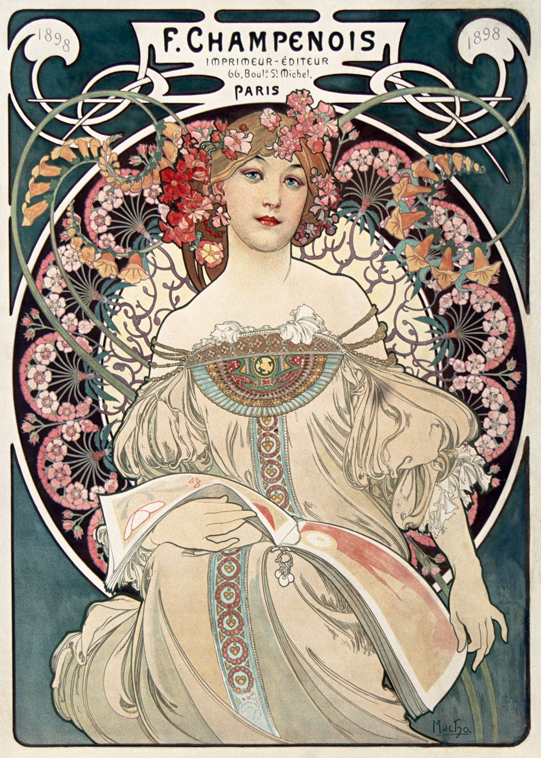 Ornate Art Nouveau poster by Alphonse Mucha (1898) featuring a blonde woman wearing a rich floral halo and flowing white gown against a dark teal background.