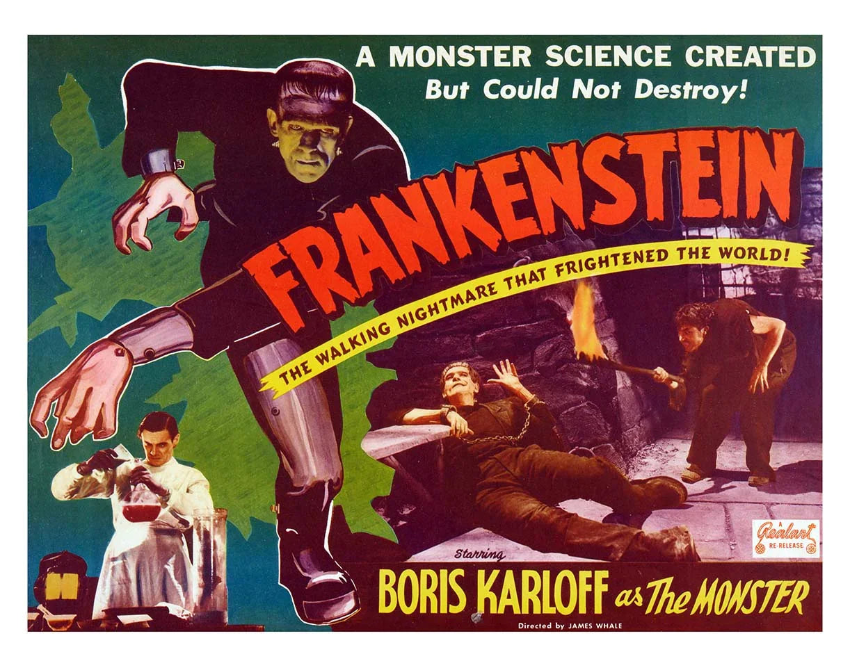 Classic Frankenstein movie poster featuring Boris Karloff's monster looming over the scene in a dramatic vintage illustration style with green and red accents.