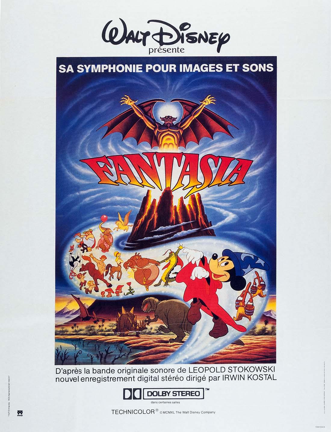 Vintage Fantasia movie poster featuring Mickey Mouse as the Sorcerer's Apprentice, the demon Chernabog, and various animated sequences.