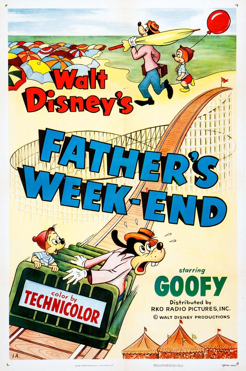 Goofy terrified on a rollercoaster ride next to his son, with a beach and boardwalk scene in the background; classic 1953 Disney poster art.