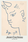 Minimalist blue line drawing by Jean Cocteau from 1958 showing the profile of a mythological faun head on a cream background, signed and dated.