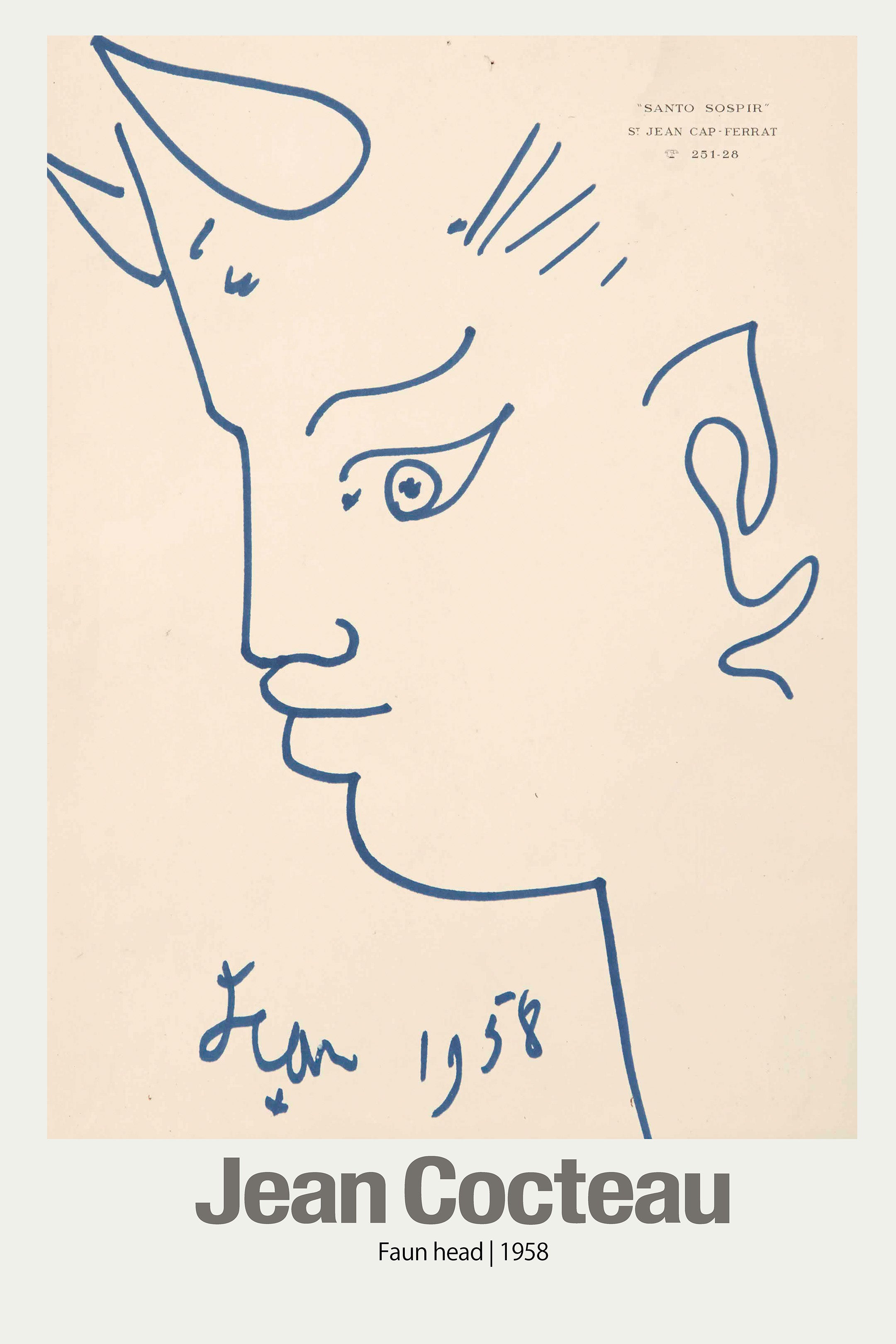 Minimalist blue line drawing by Jean Cocteau from 1958 showing the profile of a mythological faun head on a cream background, signed and dated.
