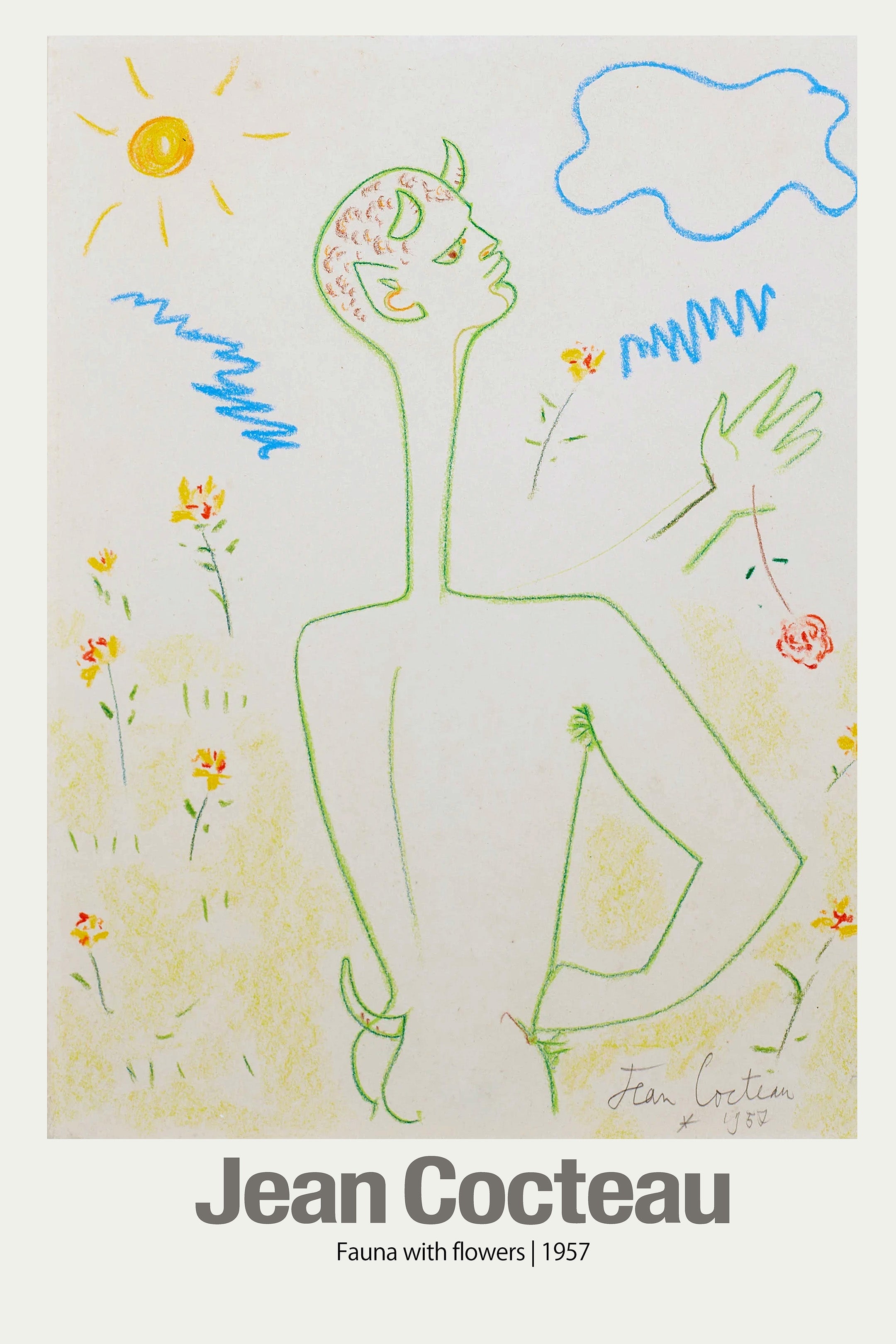 Whimsical pastel drawing by Jean Cocteau from 1957, depicting a horned fauna figure with a long neck standing among colorful flowers and holding a rose.
