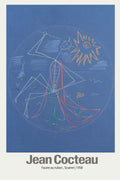 Reproduction print of Jean Cocteau's 1958 drawing "Faune au ruban," showing a smiling stick figure faun and sun in chalk on a deep cerulean blue background.