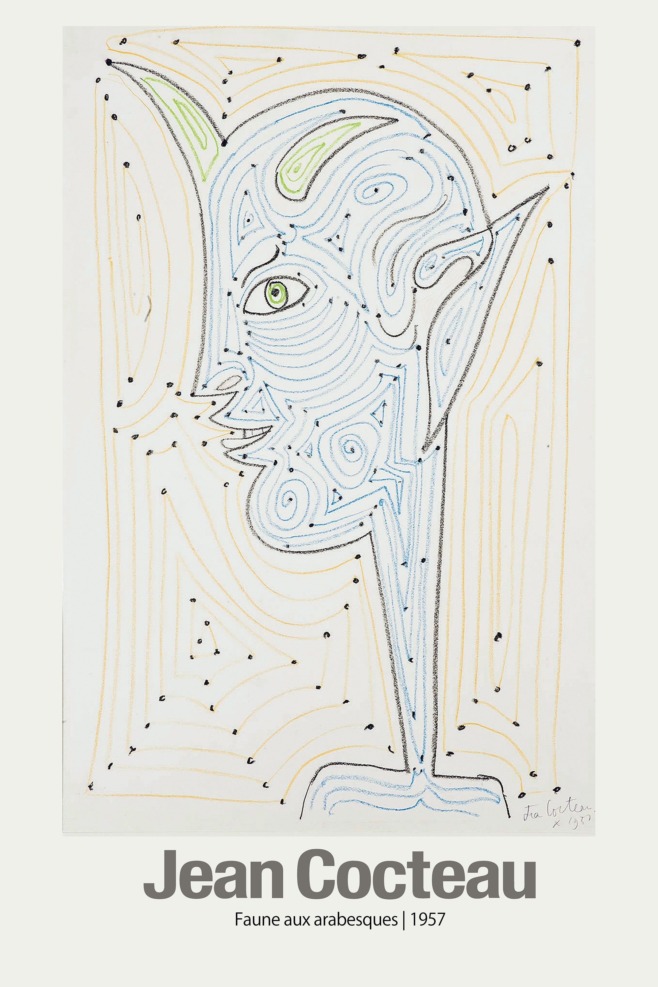 Jean Cocteau drawing from 1957 titled Faune aux arabesques, showing a blue and green faun profile created with concentric, flowing lines and connecting dots.