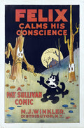 Vintage poster for Felix Calms His Conscience (1923) showing Felix the Cat reacting to a judging, animated tree stump under a full moon.