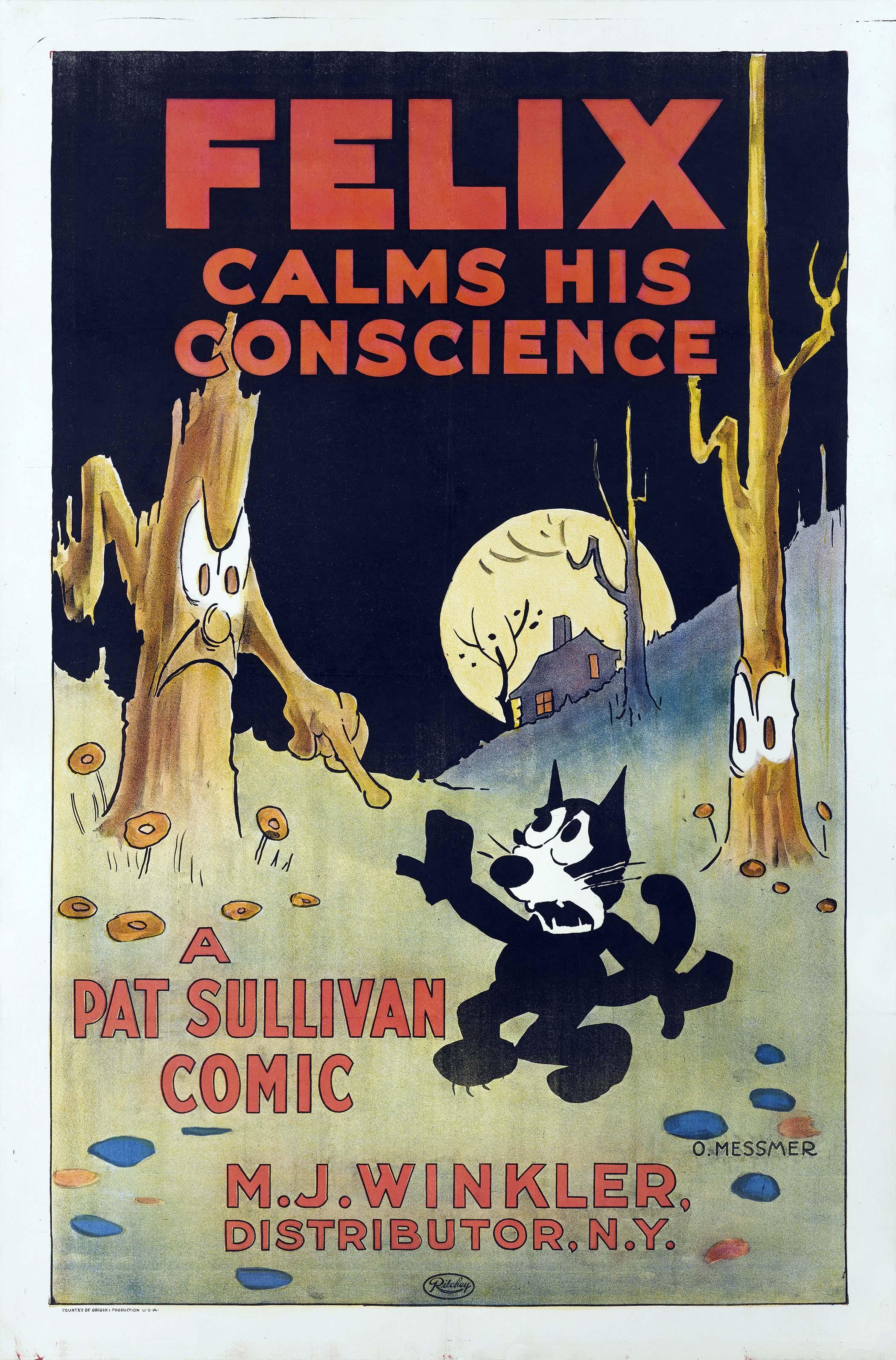 Vintage poster for Felix Calms His Conscience (1923) showing Felix the Cat reacting to a judging, animated tree stump under a full moon.