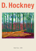 David Hockney's painting Felled Trees (2008) showing bright green and blue vertical woods with a prominent pile of orange logs on a purple ground.