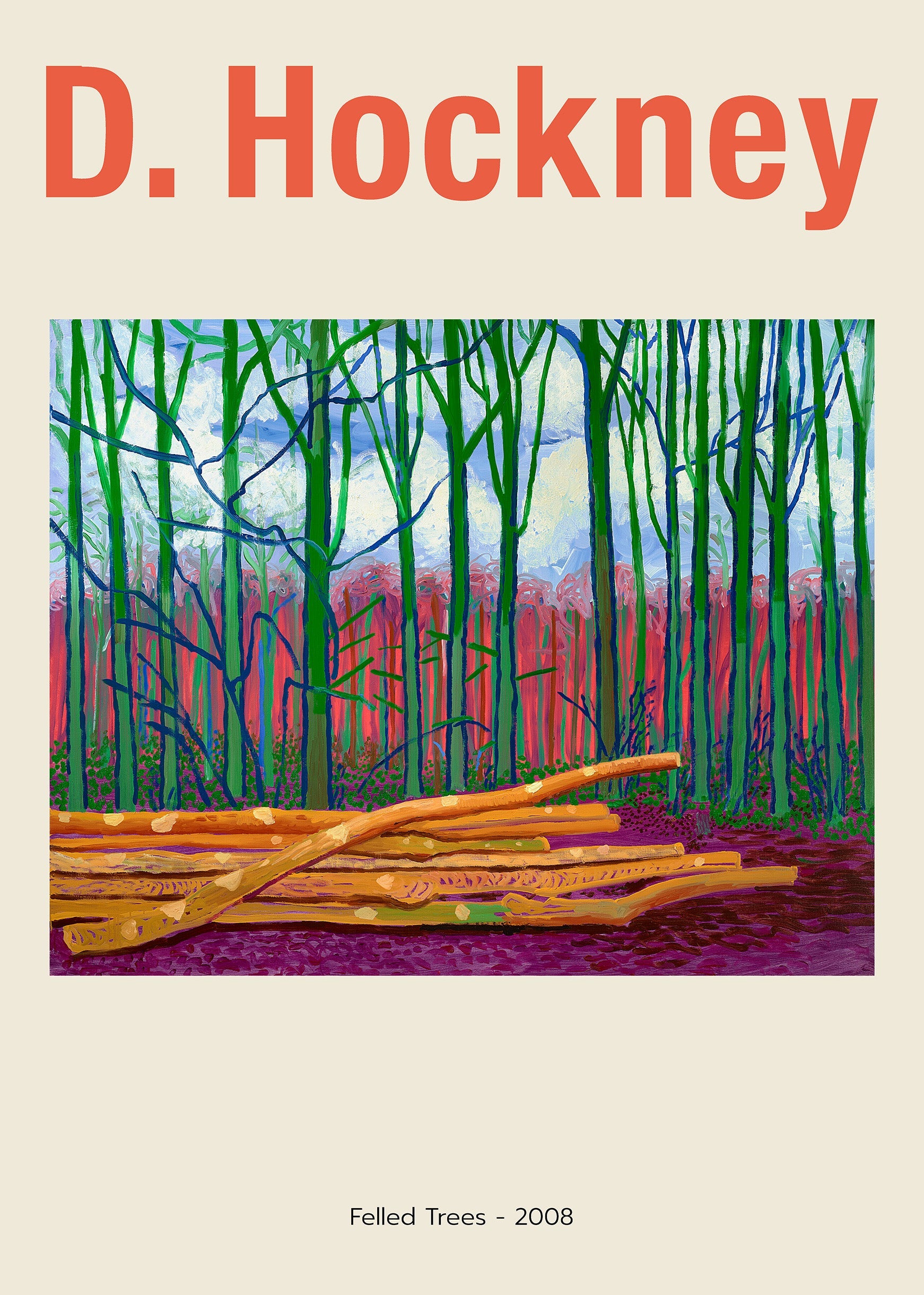 David Hockney's painting Felled Trees (2008) showing bright green and blue vertical woods with a prominent pile of orange logs on a purple ground.