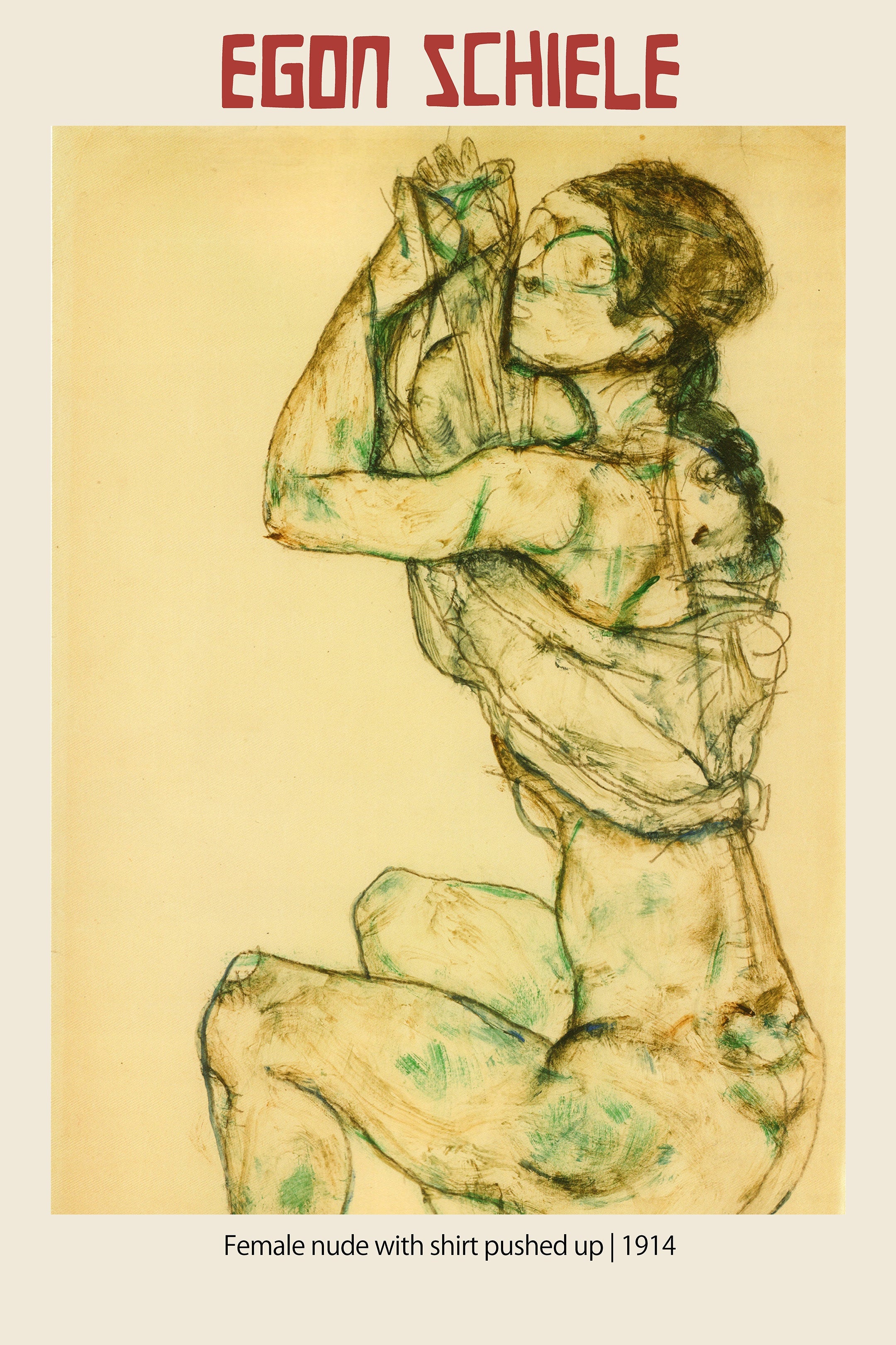 Egon Schiele's 1914 Expressionist drawing of a partially clothed female figure, sketched in brown, green, and ochre tones on yellowed paper.
