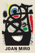 Joan Miró 1969 abstract artwork "Femme" featuring heavy black lines resembling a figure, set against a canvas texture with primary color accents (red, blue, green).