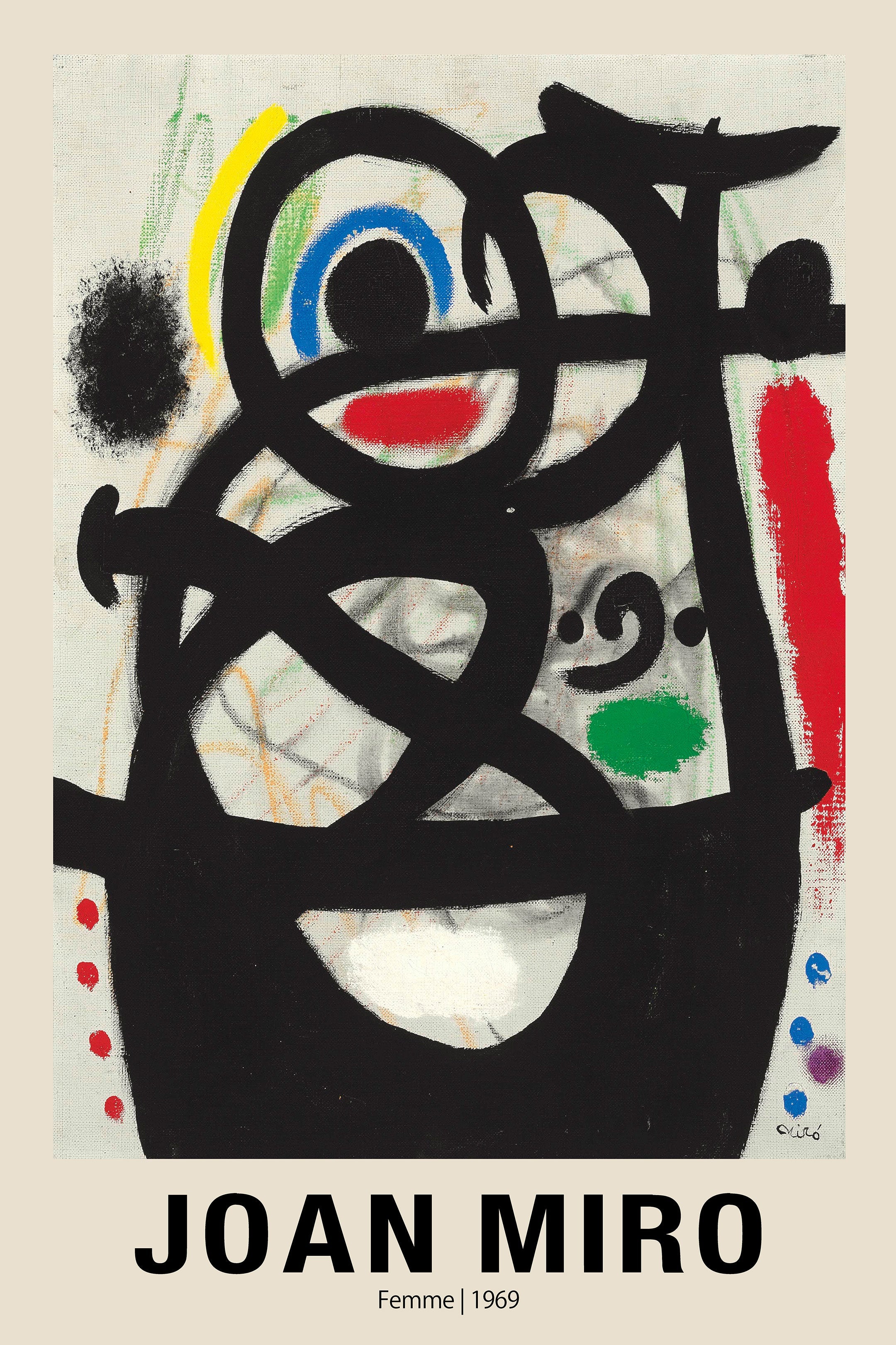Joan Miró 1969 abstract artwork "Femme" featuring heavy black lines resembling a figure, set against a canvas texture with primary color accents (red, blue, green).