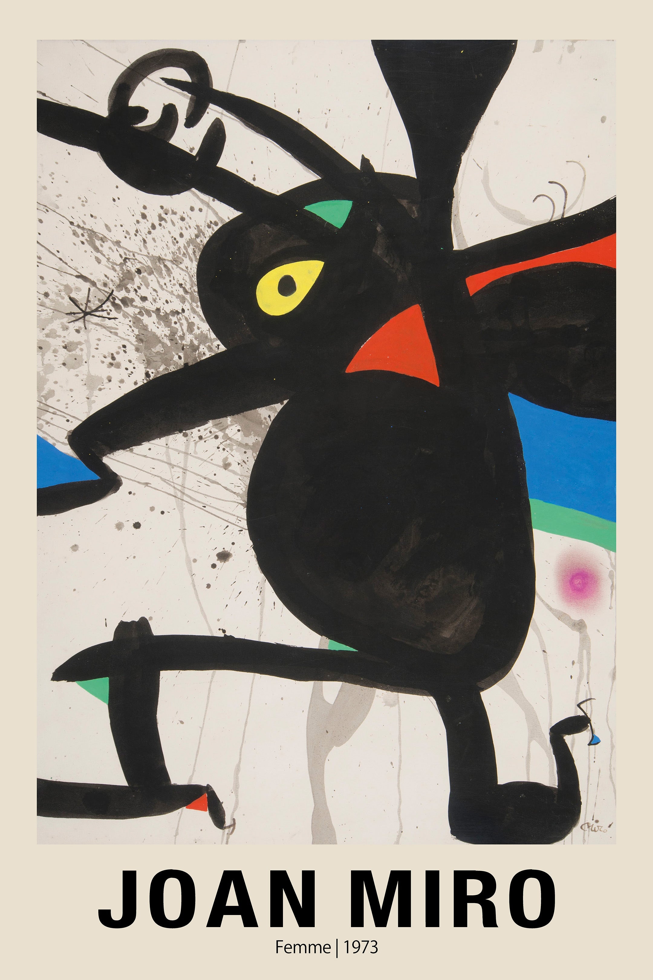 Abstract art print by Joan Miró titled "Femme" (1973), showing a thick black figure with yellow and red geometric accents on a splattered white background.