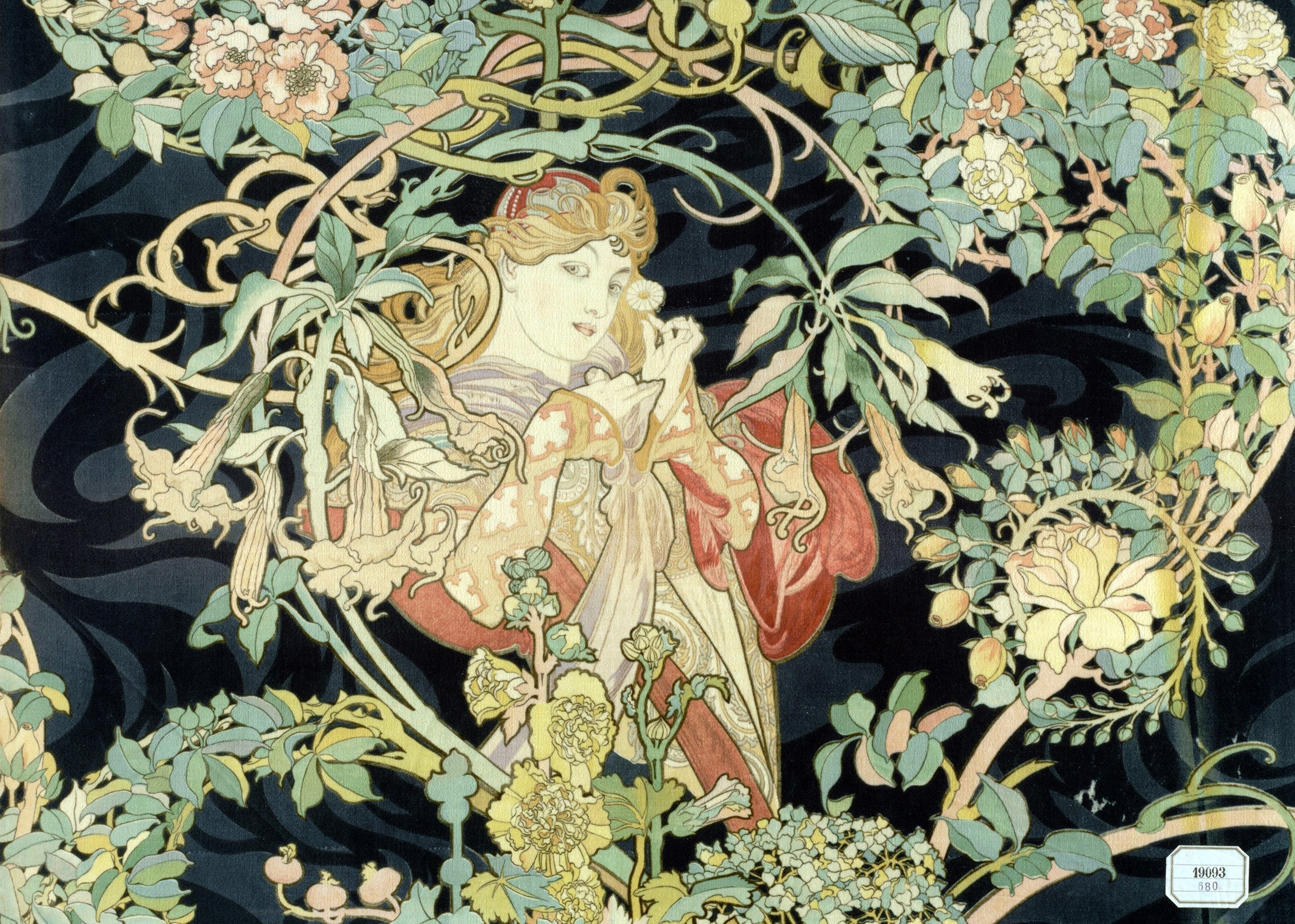 Detailed Art Nouveau print by Alphonse Mucha showing a woman surrounded by intricate, stylized green and yellow flowers on a dark background.