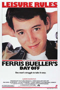 Original 1986 Ferris Bueller's Day Off movie poster featuring a close-up of Matthew Broderick smiling, with the headline "Leisure Rules." Official film art.