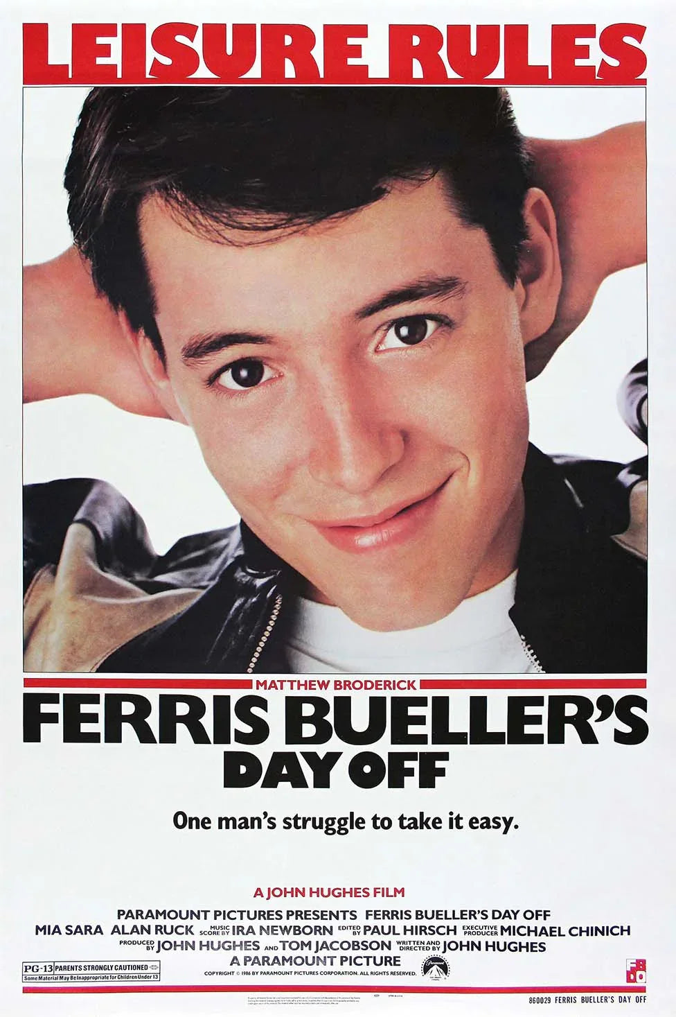 Original 1986 Ferris Bueller's Day Off movie poster featuring a close-up of Matthew Broderick smiling, with the headline "Leisure Rules." Official film art.