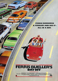 The classic original movie poster showing Ferris Bueller, Sloane Peterson, and Cameron Frye driving the red Ferrari through congested highway traffic.