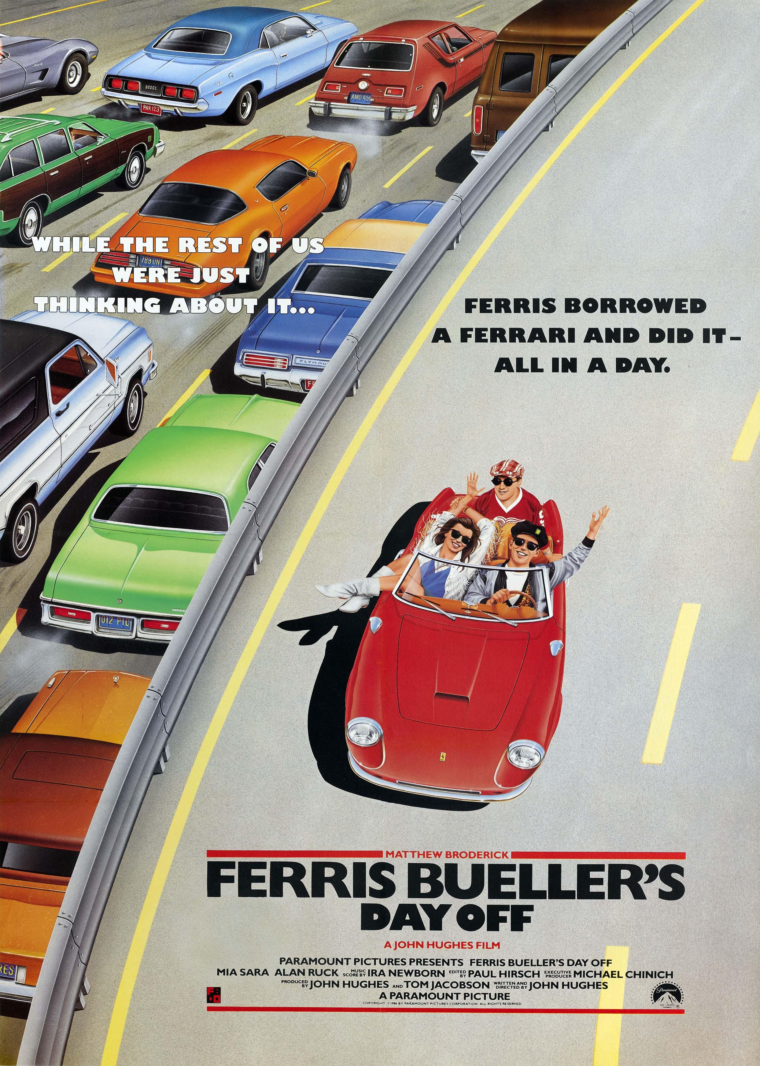 The classic original movie poster showing Ferris Bueller, Sloane Peterson, and Cameron Frye driving the red Ferrari through congested highway traffic.