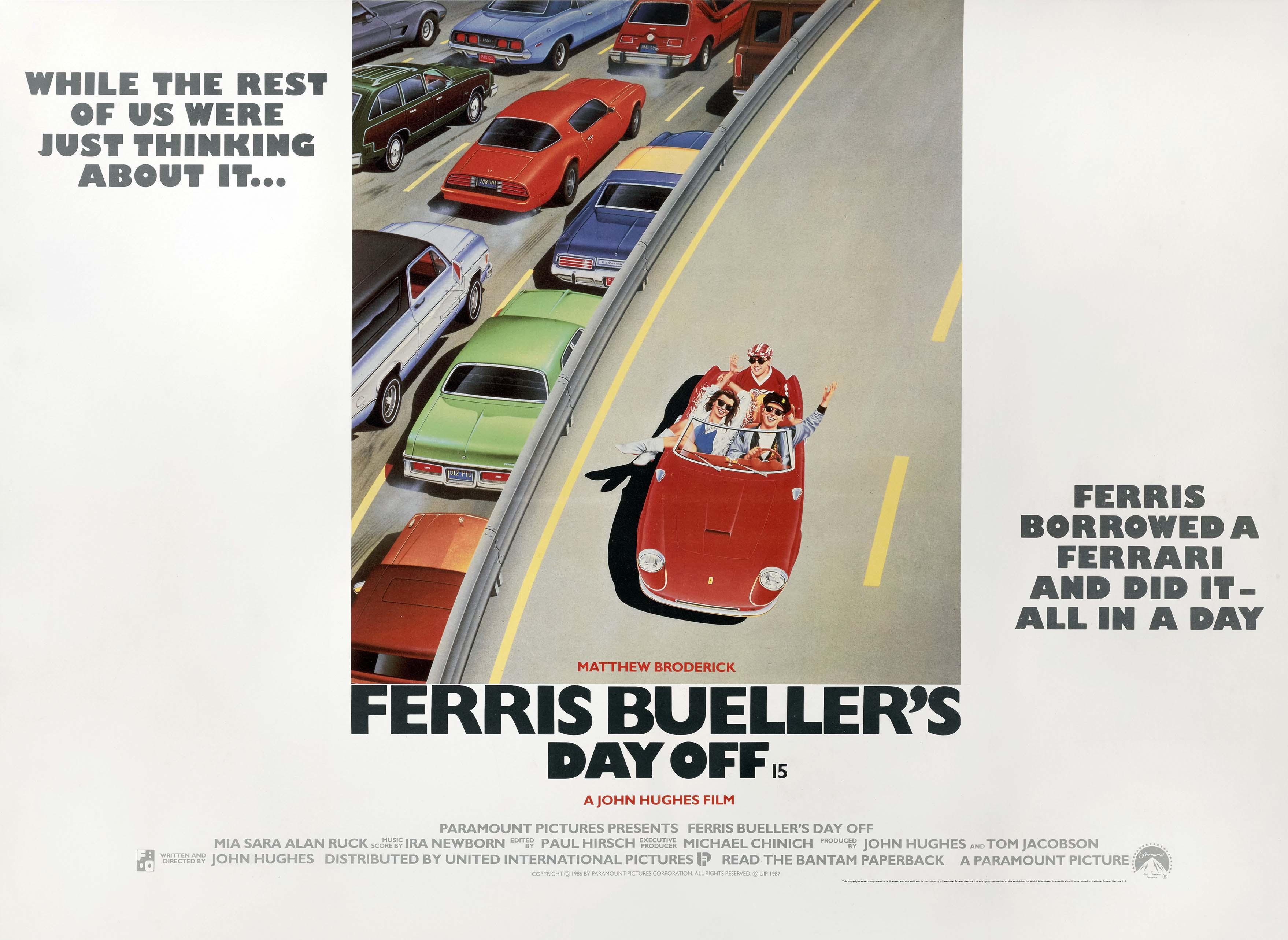 Original 1986 "Ferris Bueller's Day Off" movie poster illustration showing Ferris, Sloane, and Cameron driving a red Ferrari past slow traffic on a highway.