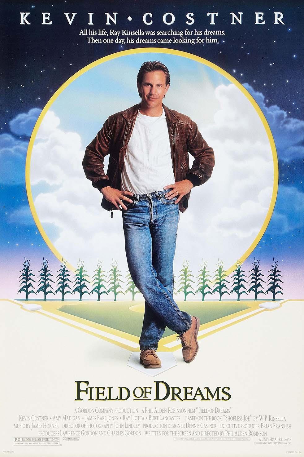 Official 1989 Field of Dreams movie poster featuring Kevin Costner standing on a baseball diamond in a cornfield under a starry sky.