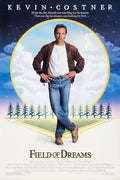 Original 1989 movie poster for Field of Dreams showing Kevin Costner as Ray Kinsella standing on the baseball field surrounded by corn, under a starry sky.