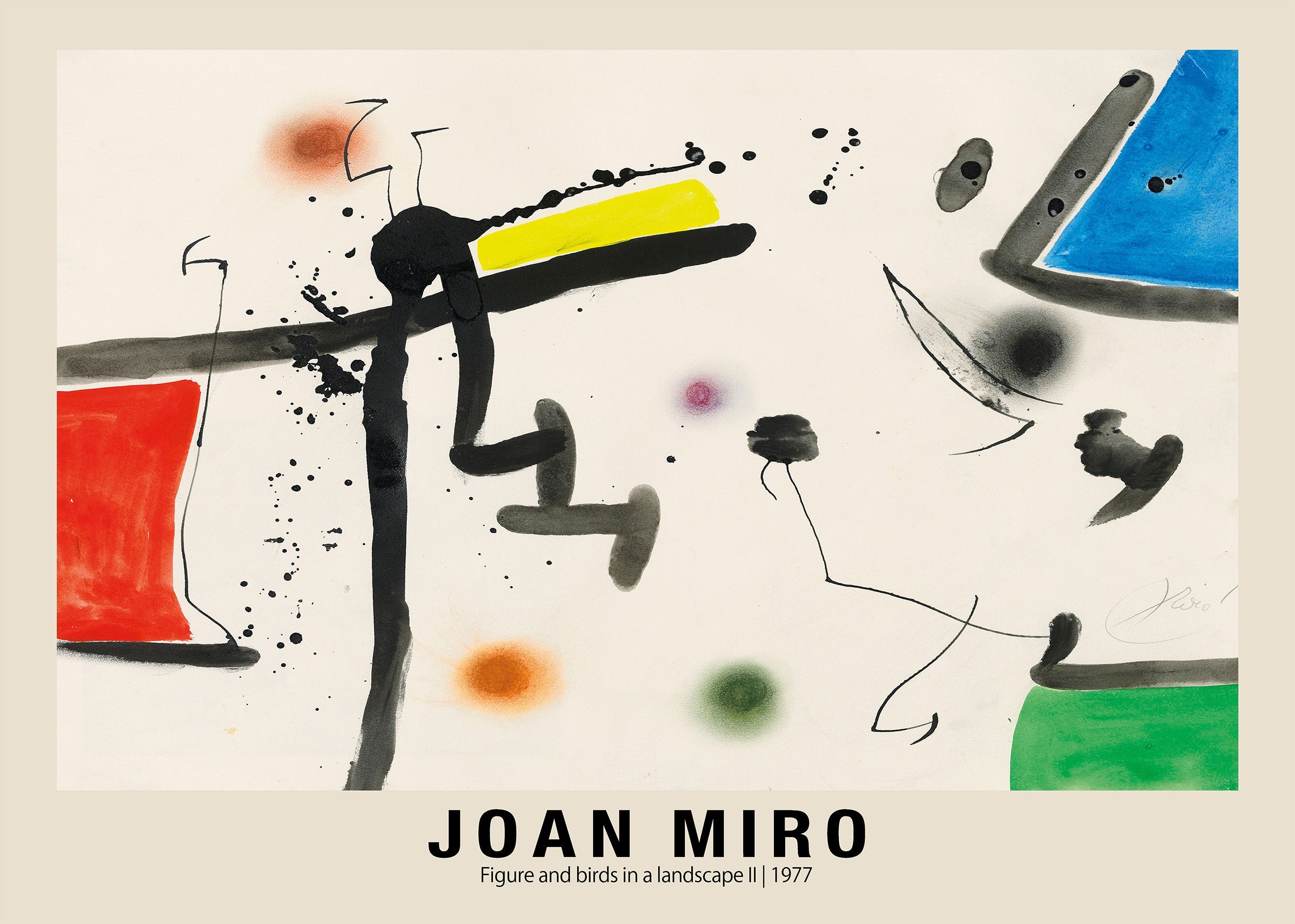 Abstract lithograph by Joan Miró, 1977. Dynamic black lines, ink splatters, and bright surrealist shapes (red, yellow, blue, green).