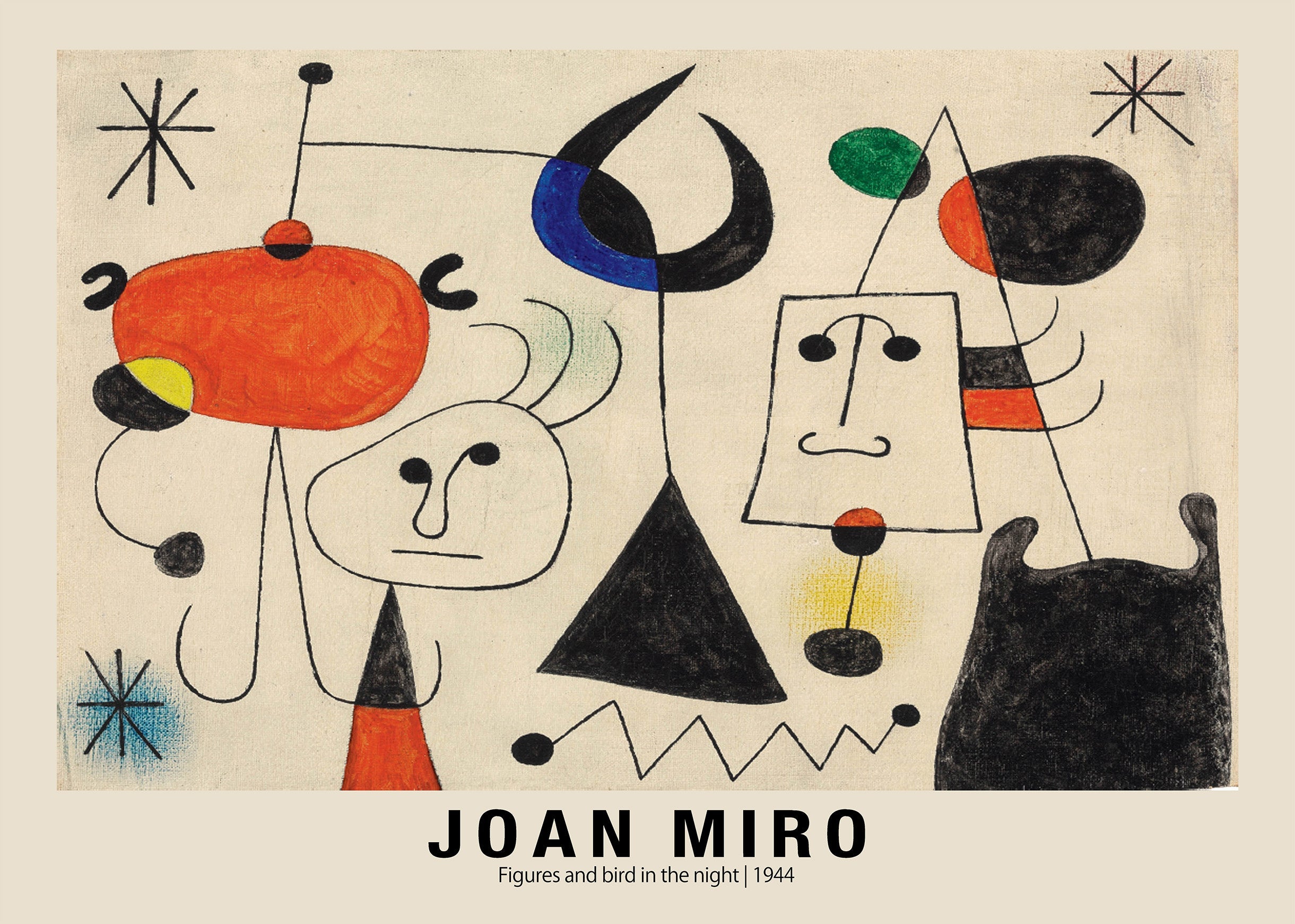 Abstract painting by Joan Miró, Figures and bird in the night (1944), showing bold lines, geometric shapes, and vibrant surrealist colors.