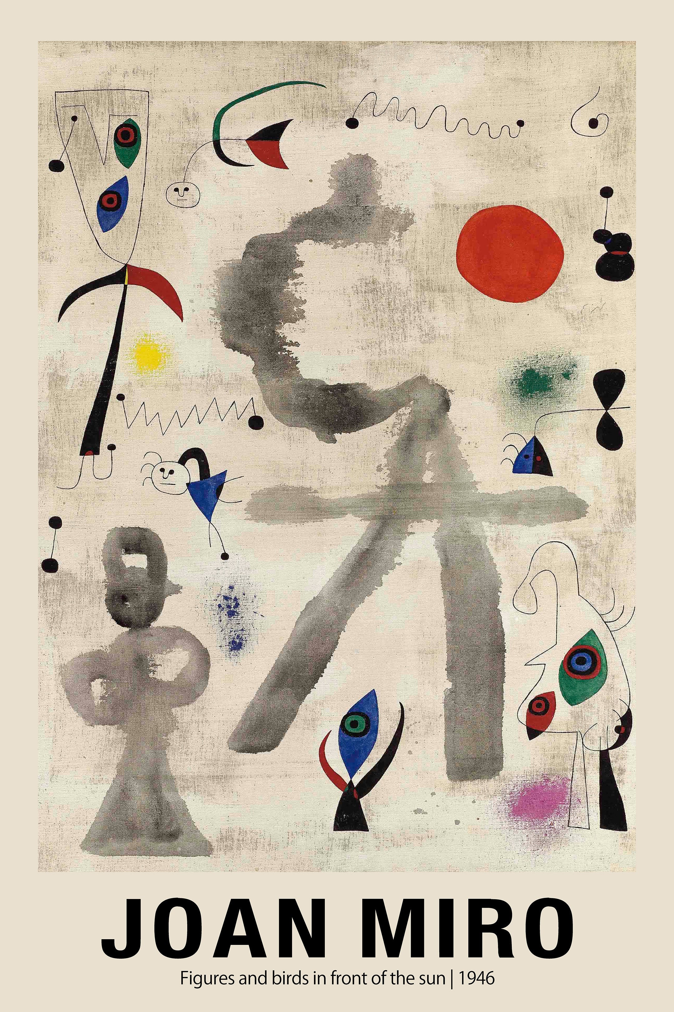 Joan Miró 1946 abstract painting featuring stylized figures, a large red sun, black lines, and surrealist forms on a textured beige canvas.
