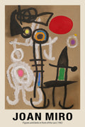 Abstract painting by Joan Miró, "Figures and birds in front of the sun," featuring black stick figures, a red circle, and colorful spots on a brown textured background.