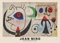Abstract painting by Joan Miró from 1944 featuring biomorphic black figures, a large eye with red and blue colors, and a green crescent moon on textured canvas.