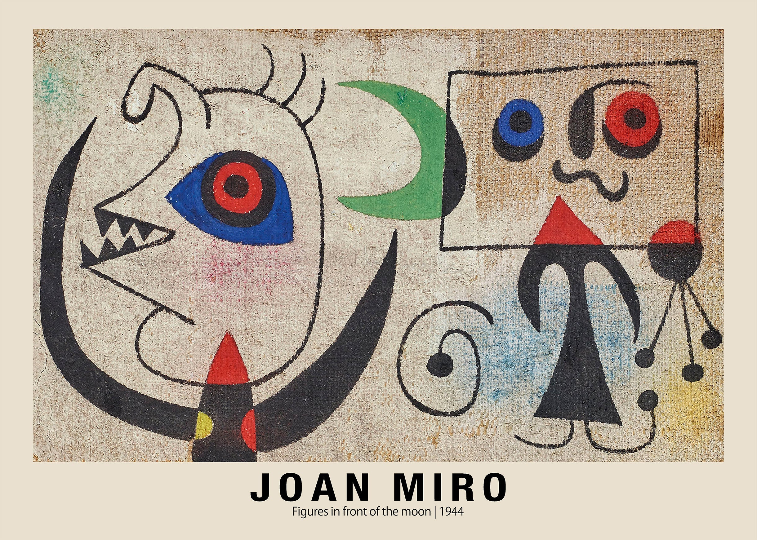 Abstract painting by Joan Miró from 1944 featuring biomorphic black figures, a large eye with red and blue colors, and a green crescent moon on textured canvas.