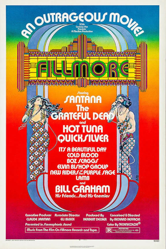Vintage colorful Fillmore concert movie poster featuring Santana, Grateful Dead, Hot Tuna, and Quicksilver