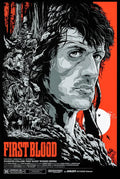 First Blood movie poster featuring Sylvester Stallone's intense portrait with forest and armed men in black, white, and red