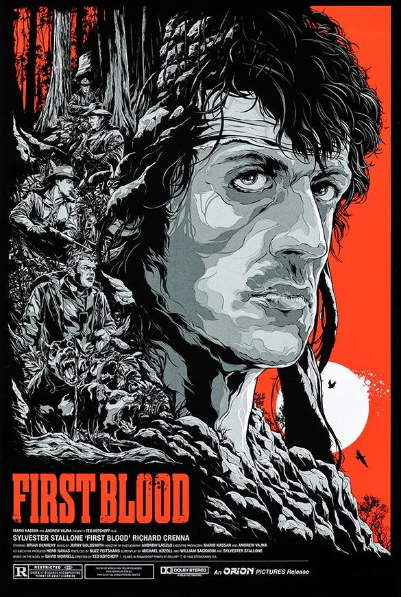 First Blood movie poster featuring Sylvester Stallone's intense portrait with forest and armed men in black, white, and red