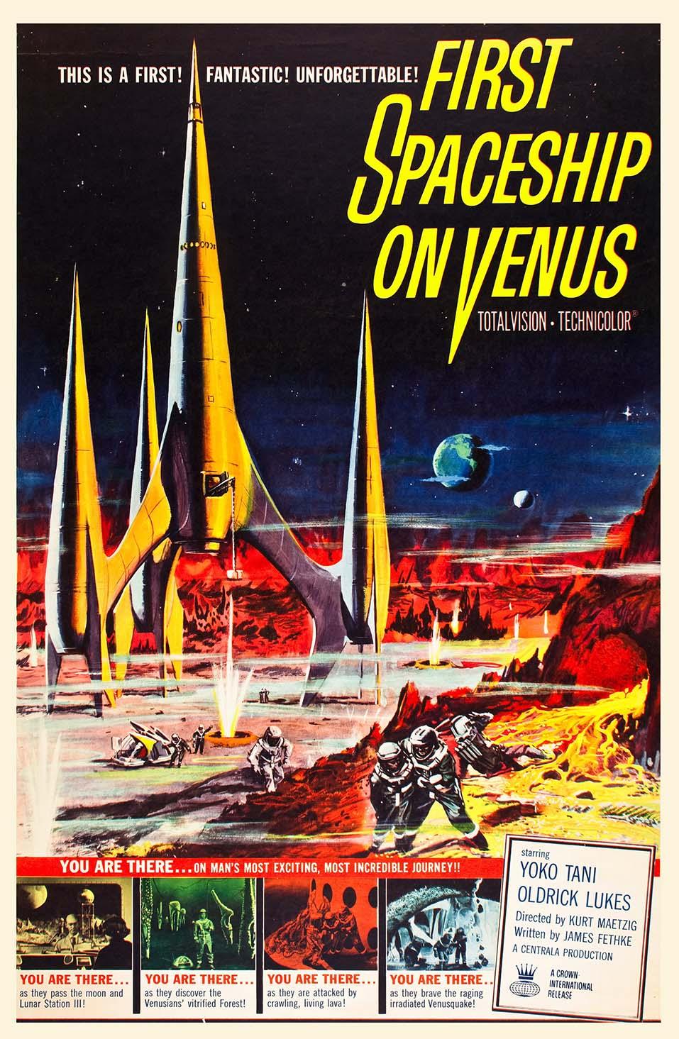 Original movie poster for First Spaceship on Venus (1962) featuring a massive retro-futuristic rocket landed on a fiery red Martian/Venusian landscape.