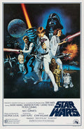 Classic Star Wars movie poster showing Luke Skywalker and Princess Leia battling, with Darth Vader, Han Solo, Chewbacca, and the Death Star in the background.