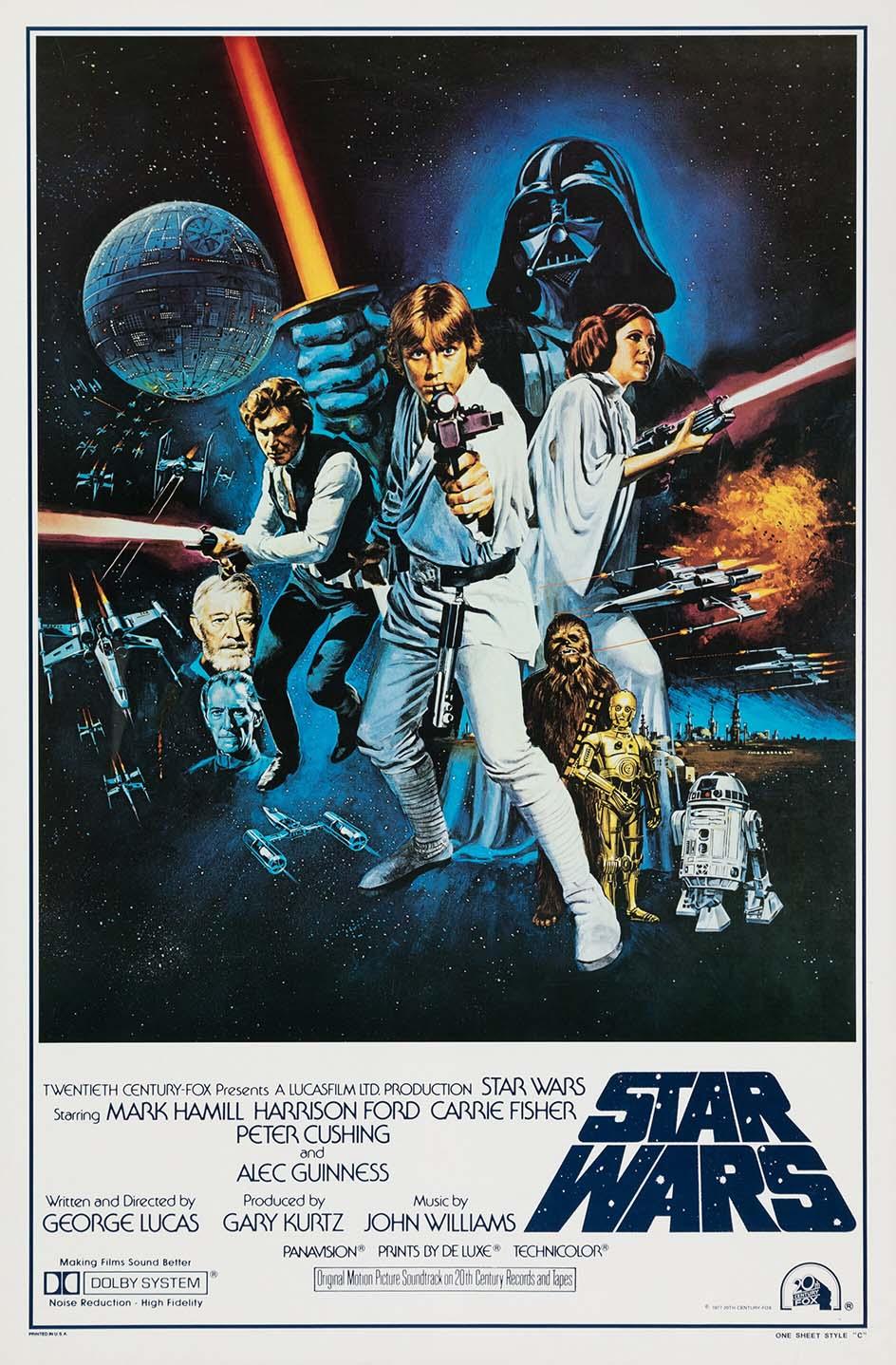 Classic Star Wars movie poster showing Luke Skywalker and Princess Leia battling, with Darth Vader, Han Solo, Chewbacca, and the Death Star in the background.