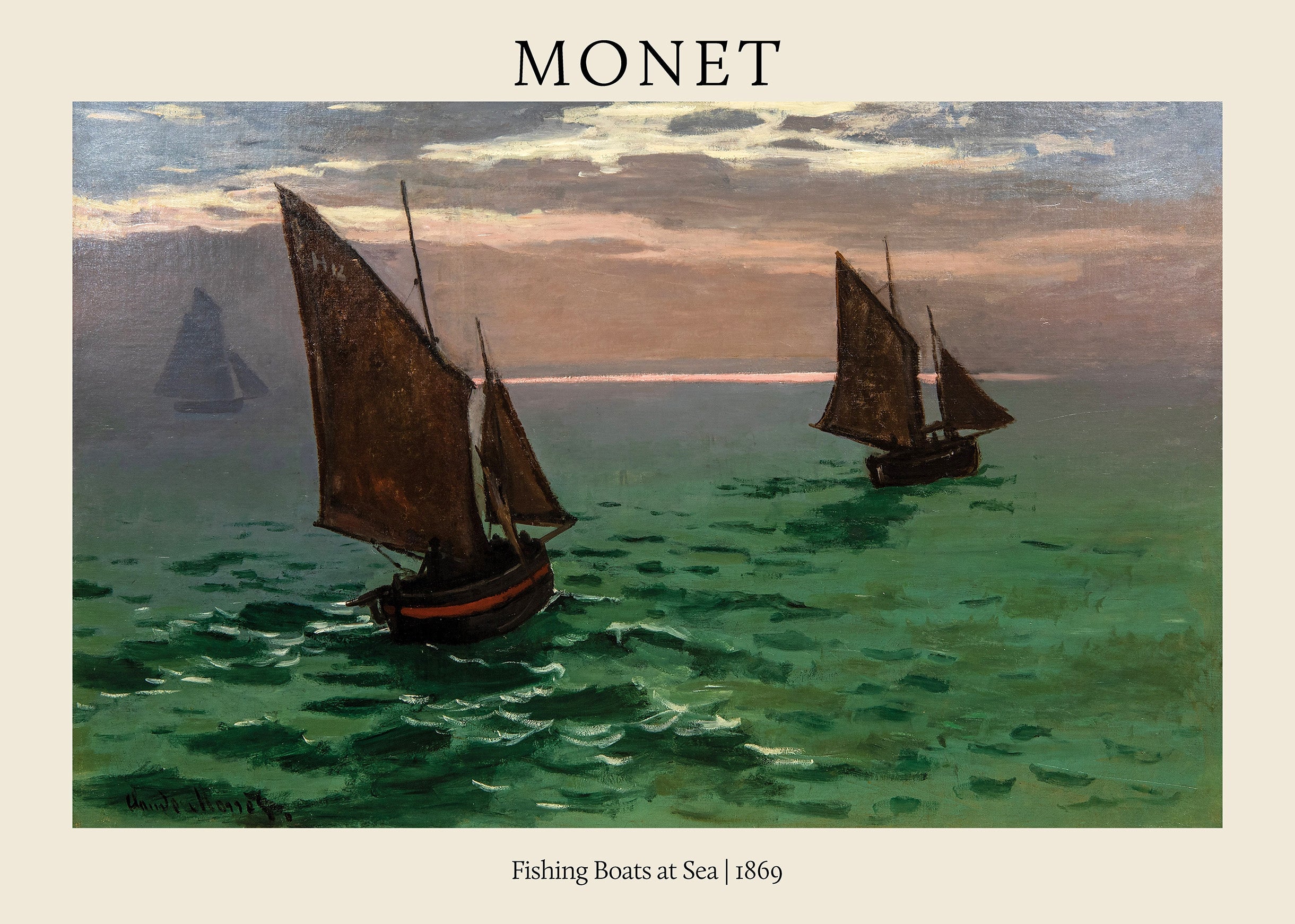 Claude Monet painting "Fishing Boats at Sea" (1869), depicting two dark sailboats navigating emerald green waves under a dramatic pink twilight sky.