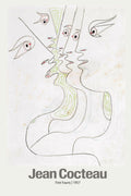 Reproduction of Jean Cocteau's 1957 'Five Fauns' sketch, showing overlapping abstract faces drawn in black, red, and green pencil on textured paper.