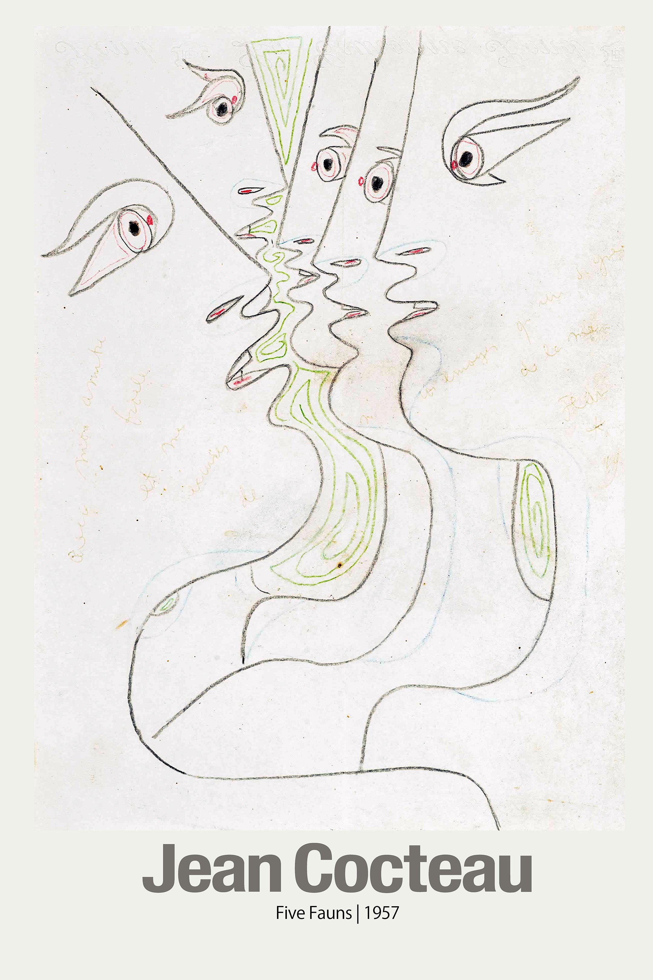 Reproduction of Jean Cocteau's 1957 'Five Fauns' sketch, showing overlapping abstract faces drawn in black, red, and green pencil on textured paper.