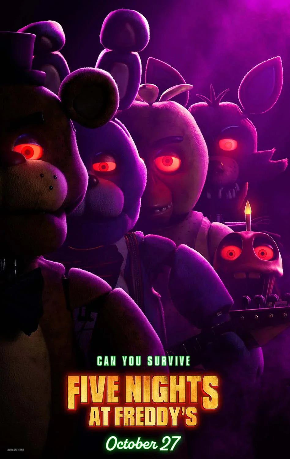 Cinematic poster for Five Nights at Freddy's showing the main animatronics with glowing red eyes in deep purple smoke.