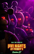 Cinematic poster for Five Nights at Freddy's (2023) showing Freddy Fazbear, Bonnie, Chica, and Foxy with glowing red eyes in a purple, misty scene.