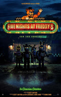 Official movie poster for Five Nights at Freddy's showing the four animatronics (Freddy, Bonnie, Chica, Foxy) outside the neon-lit pizzeria entrance at night.