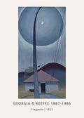 Painting by Georgia O'Keeffe, "Flagpole" (1925), showing a tall dark pole, a house with a pink roof, and a dramatic blue sphere in the sky.