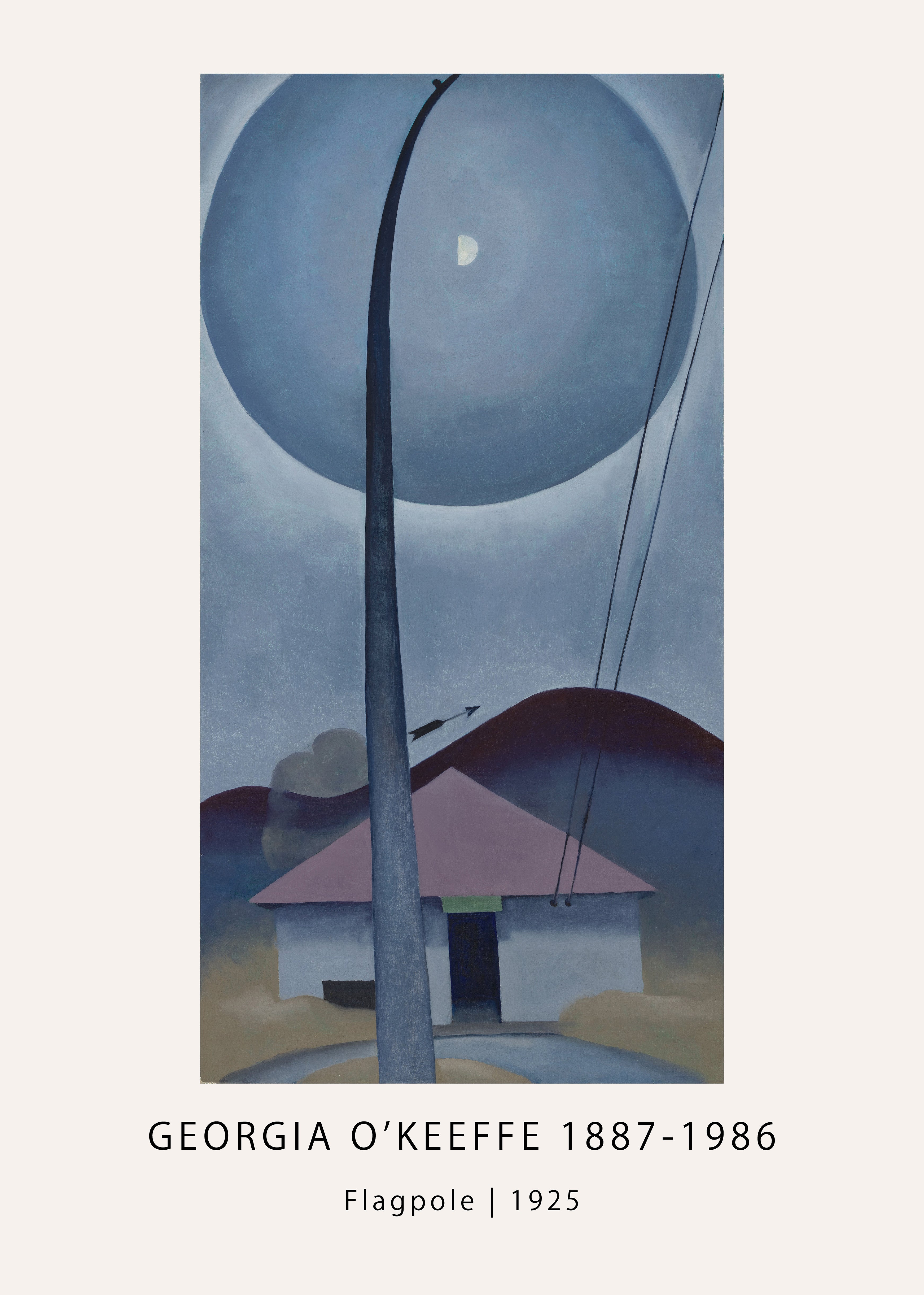 Painting by Georgia O'Keeffe, "Flagpole" (1925), showing a tall dark pole, a house with a pink roof, and a dramatic blue sphere in the sky.